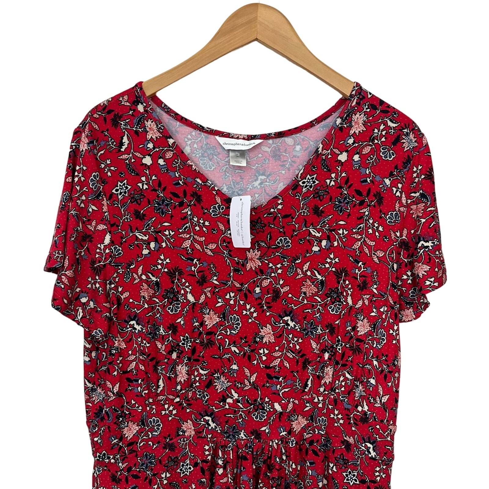 Christopher & Banks Womens Xl Dress V Neck Red Floral Stretch Cottage Rayon — image 5 of 8